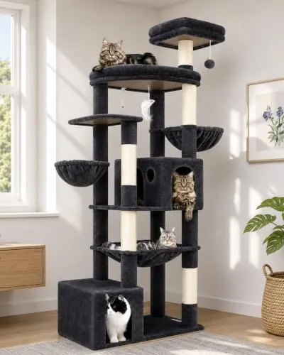 Globlazer Árbol Rascador para Gatos XXL 194 cm Alto con 2 Nidos Grande, Hamaca 50 * 40CM, Gran Plataforma, 2 Cesta, Percha, Enorme Torre para 3-5 Grandes Gatos Descansar Jugar (S76B, Gris Oscuro)