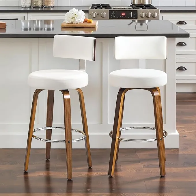 Bekrvio Juego de 2 taburetes de bar giratorios con patas de madera maciza, silla de bar con respaldo, 65 cm de altura de asiento giratoria, taburete de bar para exteriores, resistente a la intemperie