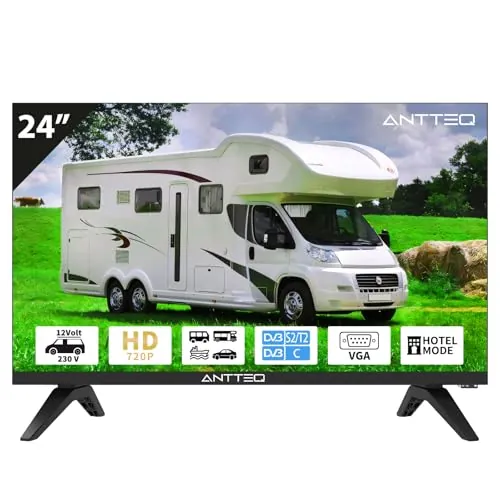 Antteq AE24H5C Televisor LED 24 Pulgadas (60 cm) HD con12V, Triple Sintonizador DVB-C/T2/S2, Modo Hotel, Audio Dolby, Conexiones SCART & Ci+ – Ideal para Autocaravana, Hotel