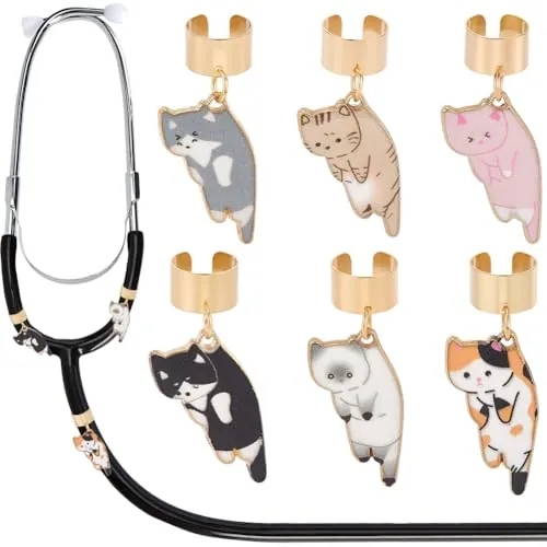 SOFPLATE 6 pieza de 6 estilos de Dijes de Estetoscopio de Gato Etiqueta de Identificación con Nombre Lindo Colgante de Aleación de Esmalte de Gatito de Colores Mixtos Etiquetas de Nombre Personalizada