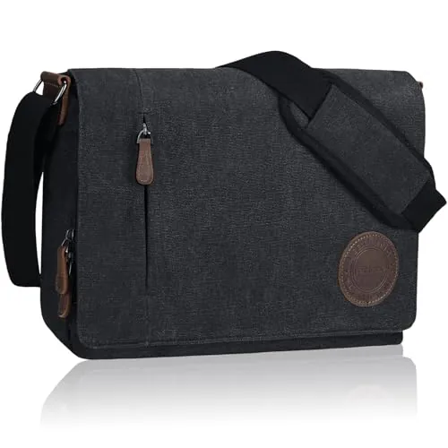 Leathario Bolso Bandolera de Lona y Piel para Hombre, Bolso de Hombro Tela para Uso Diario, Bolso Mensajero para Ocasiones como Viajes, Ferias, Compras, Trabajo y Universidad