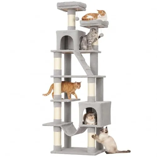 PawHut Árbol Rascador para Gatos 204 cm con 2 Cuevas para 1-3 Gris Claro
