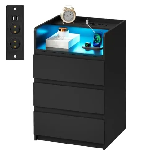 ANWBROAD Mesitas de Noche Modernas con Ajustable Tira de Luces LED, Negro