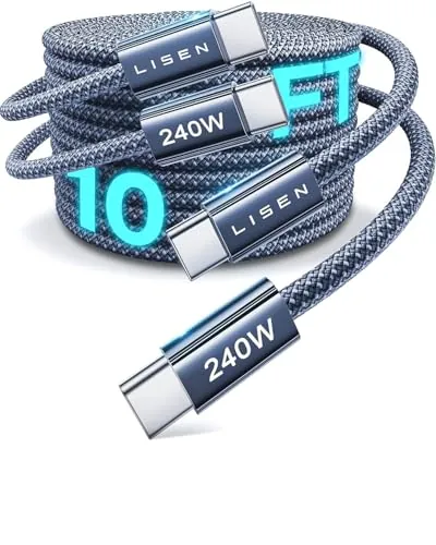 LISEN Cable de carga USB C a USB C de 240 W para iPhone 15/MacBook Pro/Air [10 pies/paquete de 2], cable de carga rápida USB C a USB C para iPhone 15/Pro/Plus/Pro Max/iPad Pro/Air, cable tipo C para