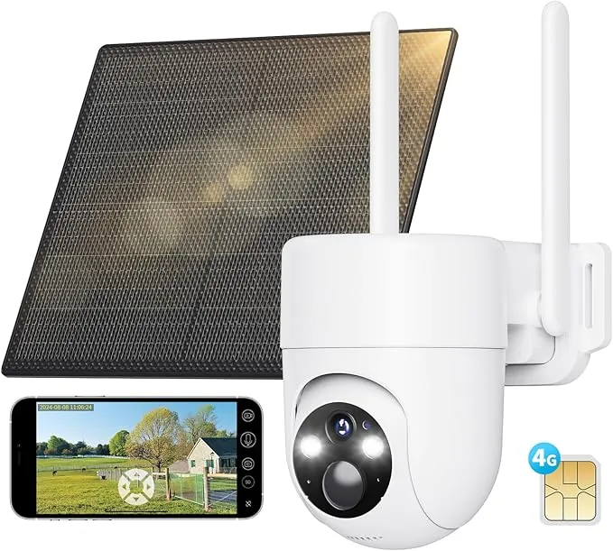 SEHMUA 4G LTE Camara Vigilancia Exterior con Panel Solar, 2K PTZ Cámara Vigilancia con Tarjeta Sim, Detección Humana PIR, Visión Nocturna, IP66 Impermeable, PTZ 355°/90°, Audio de Dos Vías
