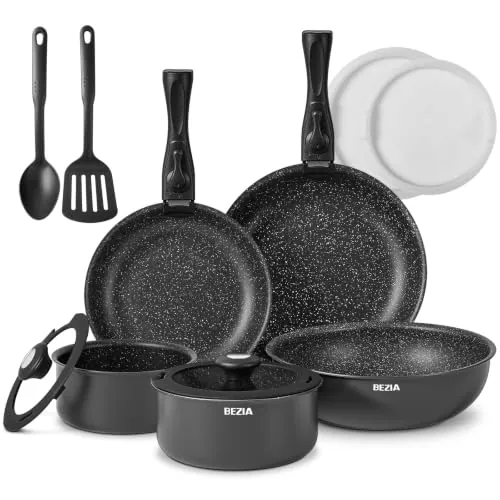 BEZIA Juego de Ollas y Sartenes 13 piezas, Batería de Cocina Antiadherente | Mango Desmontable, No Tóxico Sin PFOA, Apta para Inducción, Gas, Vitrocerámica y Horno, Apilable, apto Lavavajillas y Horno
