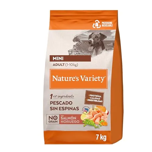 Nature's Variety No Grain Pienso para Perros Adultos con Mini con Salmón Noruego - 7kg, El embalaje puede variar (cambio de diseño)