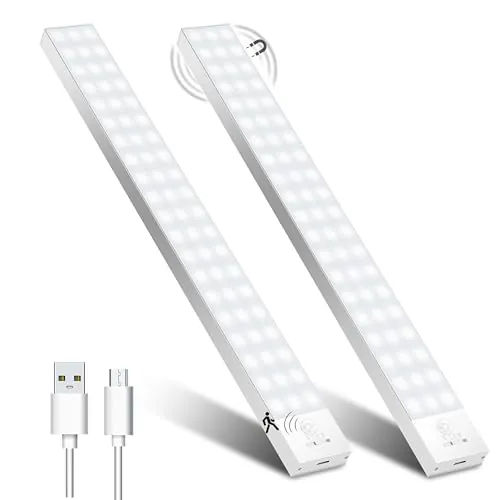 OUILA Luz LED Armario con Sensor Movimiento 5000K 60 LEDs 4 Modos Luz LED Adhesiva Magnética 1500mAh USB Recargable Luz Nocturna para Cocina, Armario, Escaleras, Pasillo, Garaje-2 Packs Blanco Natural