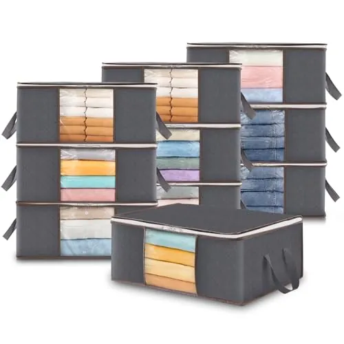 Lifewit Organizador de Ropa Plegable con Asa Reforzada, Bolsa de almacenamiento de Tejido Resistente y Ventana Transparente para Suéteres, Abrigos, Camisetas, Mantas, Paquete de 10, 35L, Gris