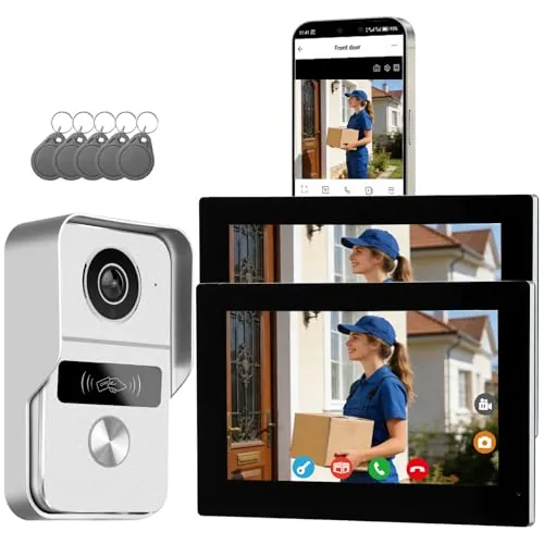 Honmidatek Videoportero Smartphone 2 Hilos, Timbre Video Mirilla y 7'' Pantalla Táctil, Visión Nocturna, Desbloqueo Remoto, Audio Bidireccionall para Chalet,casa, 2,4/5GHz, 1 cámara y 2 monitores
