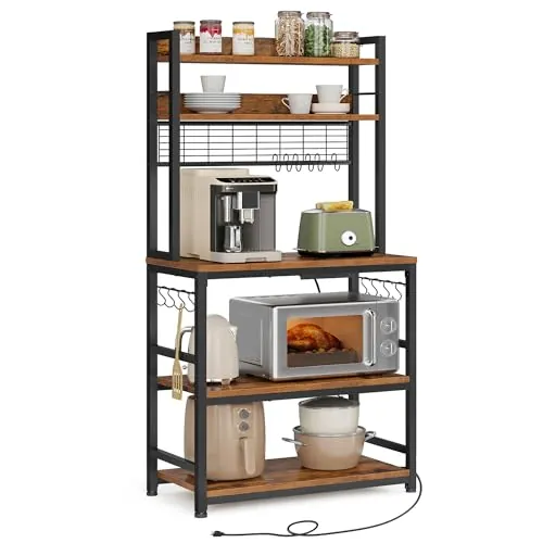VASAGLE Estantería para Panadería con Toma de Corriente, Soporte de Microondas, Estantería de Cocina, Alambre de Metal, 14 Ganchos, 40 x 80 x 170 cm, Marrón Rústico y Negro KKS025B01EU