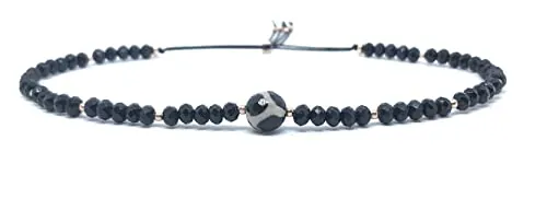 Tobillera de hilo Talismán tibetano Dzi agata Piedra natural Espinelas negras Plata de primera ley 925 chapada en Oro amarillo 24K