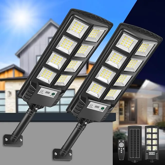 Farolas Solares Exterior, 6000K Focos Solar LED Jardín con Sensor de Movimiento y Control Remoto, IP66 Impermeable Lampara Solar Luz de Seguridad Exterior para Garage Patio Calle, 2 Pack