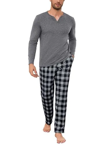 Bresdk Pijamas Hombre Invierno Algodón Largo Conjunto de Pijama Manga Larga Cuello en V y Pantalón a Cuadros Ropa de Dormir con Bolsillos Gris M