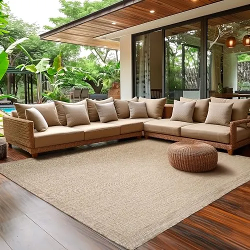 Alfombra exterior impermeable para terraza, balcón, jardín y cocina, diseño liso, tejido de sisal, lavable, 80 x 250 cm, beige
