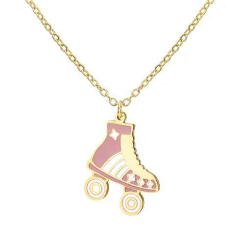 Dreamtimes Collar con colgante de patinaje sobre ruedas, collar colorido de acero inoxidable, colgante deportivo, joyería inspiradora, regalo para mujeres amantes del patinaje (Rosa-O)