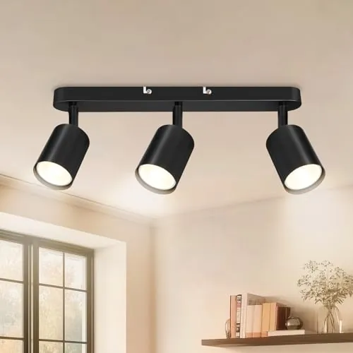 Dehobo Lámpara de Techo LED con 3 Focos - Lámpara de Pared GU10 Negro Ajustables 350° - Foco de Techo LED para Dormitorio Pasillo Cocina, Sin Bombilla