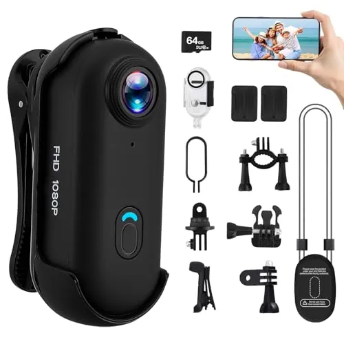 Cámara Acción 360° 1080P con 64 GB Tarjeta de Memoria, Mini Camara Deportiva Buceo Impermeable, WiFi Vlog Cámara Casco Moto Magnético Camera Deportiva Pequeña, Bodycam Video para Ciclismo Mascotas