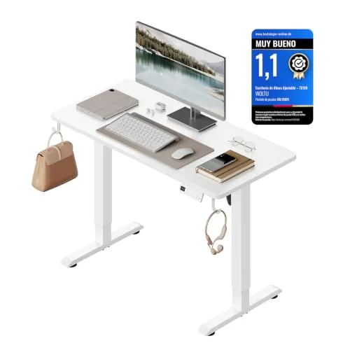 WOLTU Escritorio Elevable Eléctrico, 100 x 48 cm, Blanco | Altura 72-118 cm, con Memoria y Protección Anticolisión, 2 Ganchos, para Oficina, Gaming o Estudio