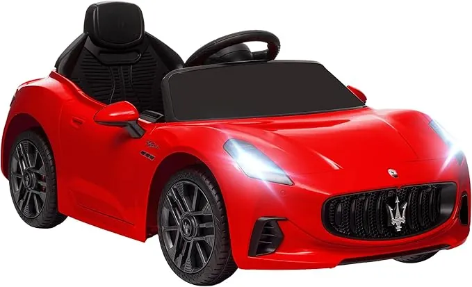 AIYAPLAY Coche Eléctrico para Niños de +3 Años Maserati Gran Turismo Folgore 2 Motores Potentes Coche Eléctrico con Batería 12V Mando a Distancia 2,4G Ruedas Auxiliares Faros Bocina y MP3 Rojo