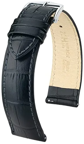 HIRSCH Correa para reloj Duke L - Piel de becerro italiana - Estampado de aligátor - Señoras/Caballeros - negro - 22 mm