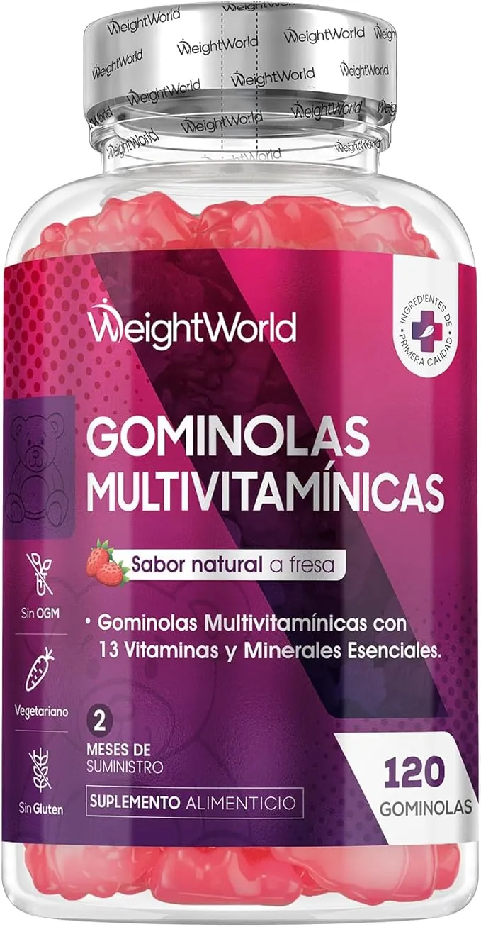 Gominolas Multivitaminas y Minerales 120 Gomitas Sabor Fresa - Con 13 Vitaminas y Minerales Esenciales como Vitamina D3, A, C, B6, B12, E, Biotina, Zinc y Ácido Fólico y Más para 2 Meses