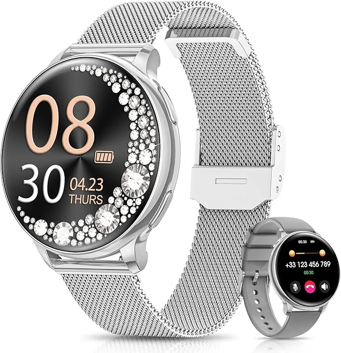 RUXINGX Reloj Inteligente Mujer, 1,27" Pantalla Táctil Smartwatch Llamadas, Función Femenina Pulsómetro SpO2 Sueño, 126 Deportes, 220 Esferas Podómetro IP68 Resistente Agua Android iOS (Plata)