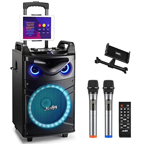 Moukey Altavoz Karaoke con 2 Micrófonos Inalámbricos, Máquina de Karaoke Bluetooth Portátil con Luces de Fiesta, Ajuste de eco/agudos/graves, 12" Woofer Sistema PA Soporte TWS/REC/AUX IN/MP3/USB/TF/FM