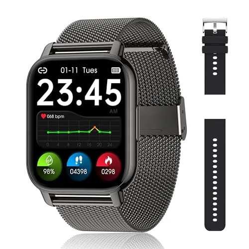 Popglory Reloj Inteligente Hombre con Llamadas y Asistente Voz, 1,85'' Smartwatch Pantalla Dividida Pulsera Actividad Presión Arterial Ritmo Cardíaco Oxígeno Sanguíneo, para Mujer Hombre Android iOS