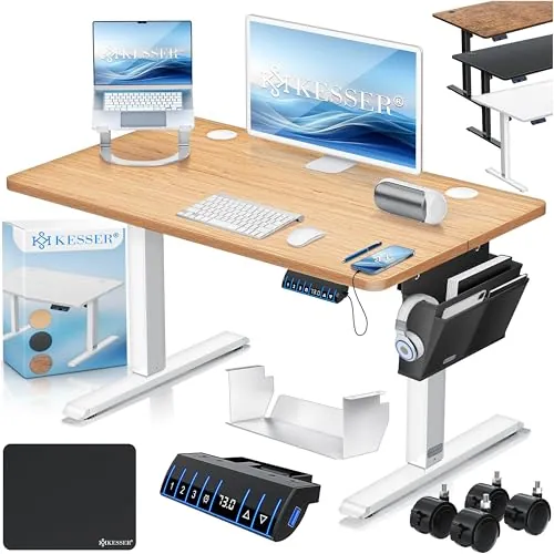 KESSER® Escritorio eléctrico Regulable en Altura, Escritorio Ergonómico de Bipedestación, Control de Memoria de 3 Funciones, Incl. Ruedas de 360° y Puerto de Carga USB, 100x60 cm - Beige
