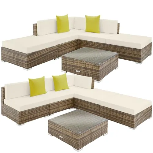 tectake® Conjunto Jardín en Ratán y Aluminio con Cojines 10 cm, Conjunto Terraza Resistente a la Intemperie, Muebles Jardín Exterior 2 Sillones, 2 Puf, 1 Mesa Cristal, Fundas Extraíbles - Natural