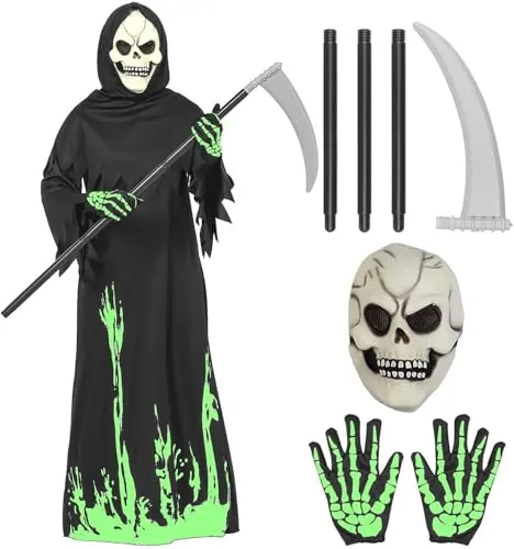 Tosekry Disfraz Halloween Niño Disfraz Esqueleto Niño, Incluye Mono que Brilla en la Oscuridad, Máscara de látex que Brilla en la Oscuridad, Guantes y Guadaña