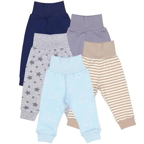 TupTam Pantalones Bebé 5 Unidades – Pantalón Algodón Suave para Bebé Niño y Niña, Certificación Oeko-Tex, Oso de Peluche Azul Marino Gris con Estrellas y Rayas, 80