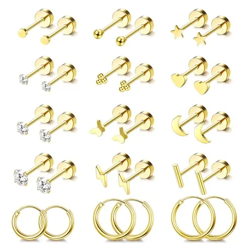 JeweBella 15 Pares Pequeños Pendientes Acero Quirúrgico Mujer Hipoalergénicos 14K Chapado en Oro - Aros Dorados y Plata para Piercing de Oreja
