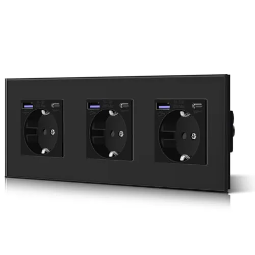 BSEED Enchufe Pared con 20W USB y Tipo C,Enchufe USB C de Cristal,Carga Rápida,3 en 1，Fácil Instalación,3 Enchufes,228mm Negro