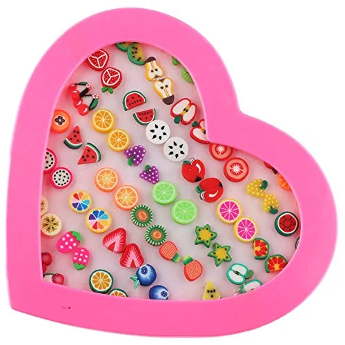 POFET - 36 pares de aretes tipo dormilona con caja de regalo en forma de corazón, aretes hipoalergénicos para niñas y mujeres, juego de joyería de clavos de colores, múltiples tamaños y patrones
