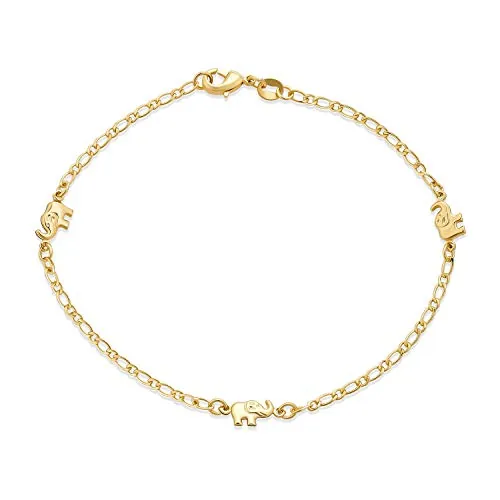 Bling Jewelry Dainty Tres Multi Encanto Lucky Elefante Tobillera Pulsera Para Mujeres Adolescentes 18K Latón Chapado En Oro 9.5 Inch Made In Brazil