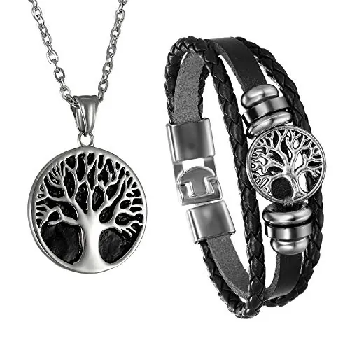 Cupimatch Collar Pulsera para Hombres Árbol de la Vida Juego de Joyas Acero Inoxidable Cordón de Cuero Pulsera Cadena para Niños, Plata Negro