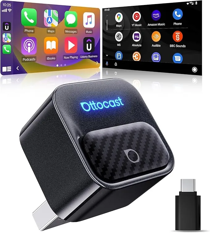 Ottocast Mini Core 2026 Adaptador CarPlay Inalámbrico y Android Auto, Plug & Play, Cambio de móvil con un botón, WiFi 6 + BT 5.4, Reconexión automática, para iPhone 6+ (iOS 10+) y Android 11+