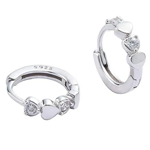 Pendientes de aro pequeños con circonitas cúbicas con dos corazones, para mujeres, adolescentes y niñas, para el cartílago, hipoalergénicos, para orejas sensibles