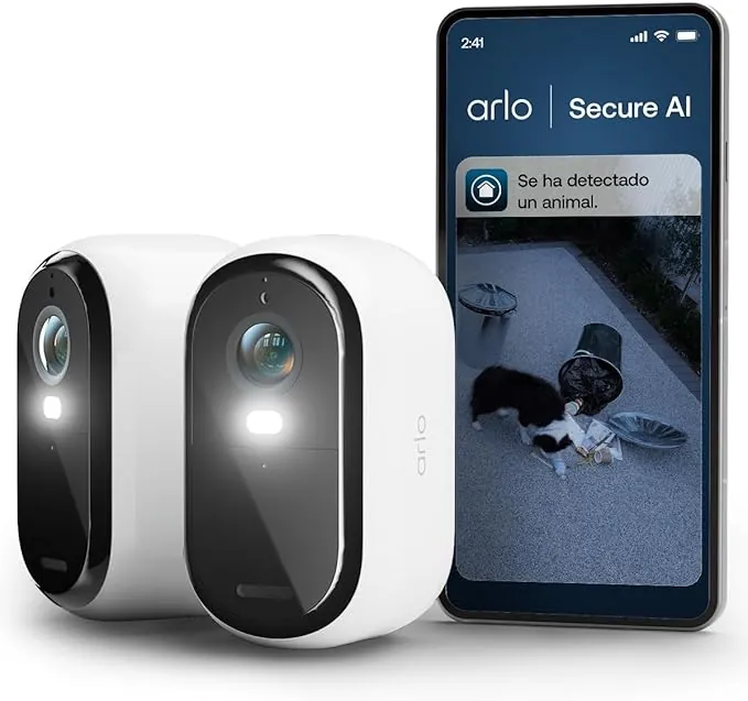 Arlo Essential 3 HD, cámara WiFi Exterior, batería de 6 Meses, visión Nocturna en Color, luz, Sirena, Audio bidireccional, 2 cámaras Blancas