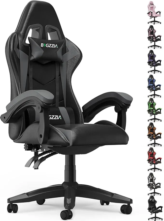 bigzzia Silla Gaming, Silla Ergonómica de Oficina en Cuero PU, Regulable en Altura con Soporte Lumbar y Reposacabezas, Respaldo Reclinable 155°, Silla Gamer Adulto Niño(Gray)
