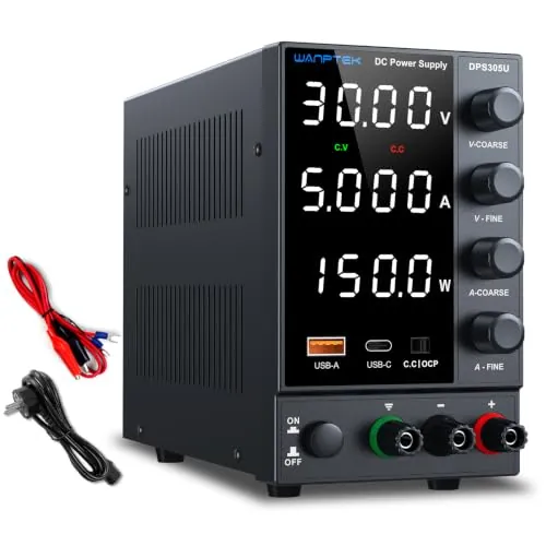 WANPTEK POWER Fuente Alimentación de Laboratorio Regulable DC 30V 5A, Pantalla LED 4 Digitales, Carga Rápida USB-A/C, Protección OCP, Ajuste Preciso Fino/Grueso para Reparación Electrónica