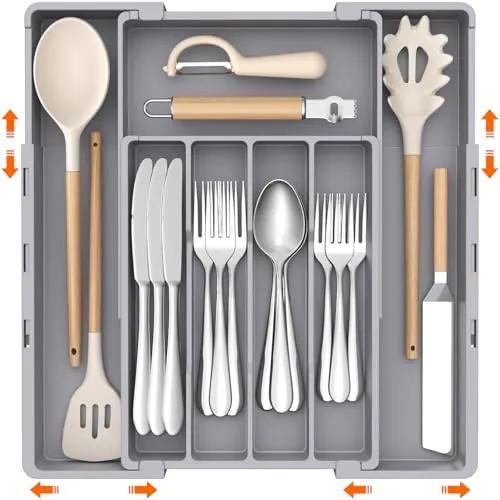 Lifewit Organizador Cubiertos Cajón, Cubertero para Almacenamiento Cocina | Bandeja Extensible para Cuchillos Cucharas y Tenedores, Ancho de 22,5 a 36 cm, con 4-7 Compartimentos, Gris, Lote 1