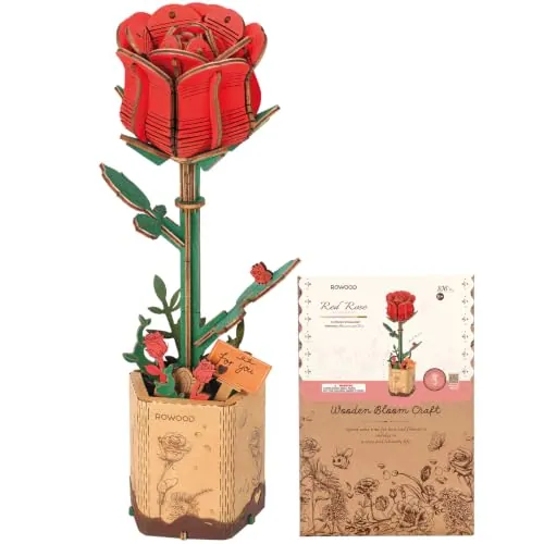 rowood Puzzle 3D DIY Flor de Madera Maqueta de Flores Artificiales para Montar Adultos (Red Rose)