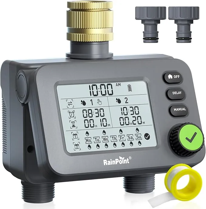 RAINPOINT Programador Riego 2 Salidas, Entrada de Latón, Temporizador de riego Automatico con retardo de Lluvia/Modo automático y Manual, Pantalla Grande LCD Sistema de Riego para jardín, césped