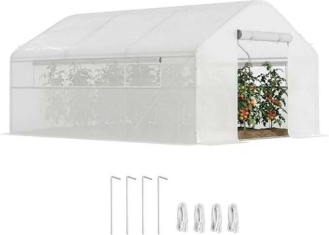 Outsunny Invernadero de Exterior 4x3x2 m Invernadero de Túnel con 2 Ventanas Cubierta de PE Anti-UV y 1 Puerta Enrollable con Cremallera Invernadero para Jardín Patio Blanco