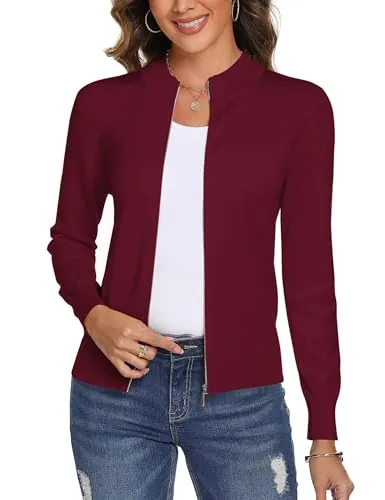 Aottori Cárdigan de Punto con Cremallera para Mujer,Chaqueta de Punto Sueter Manga Larga Abrigo Suéter Rebeca Chaqueta de Jerseis Vino Tinto XXL