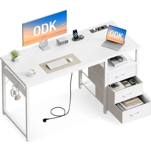 ODK Escritorio con 3 Cajones de Tela, 100x48cm, Blanco | Escritorio Ordenador con Puerto y Toma de Carga USB, Mesa con Estantes para Oficina, Salón, Hogar, Oficina, Blanco