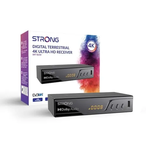 STRONG Decodificador TDT 4K UHD|DVB-T2|Pantalla|Compatible con HEVC265|Receptor/Sintonizador de TV|USB PVR|Dolby Digital Plus|HDMI|Euroconnector